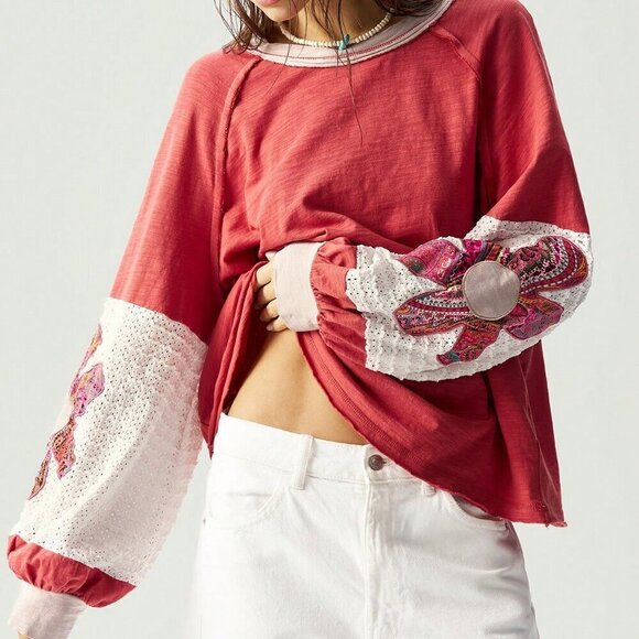 Pink Casual Women's Boho Knit Patchwork Lantern Sleeve Colorful Floral T-Shirt - Picture 4 of 7